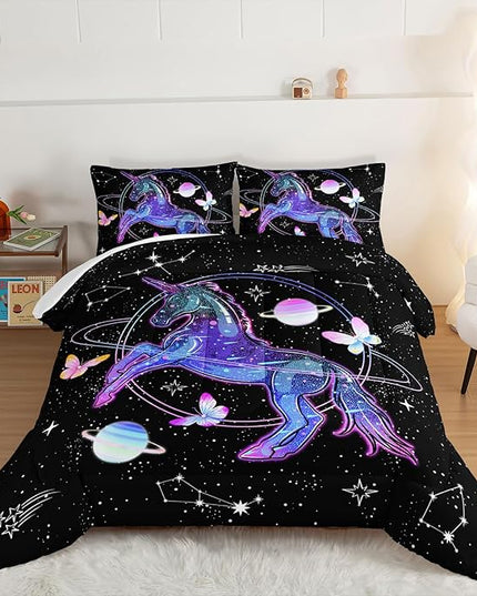 HOSIMA Unicorn Bedding Sets for Girls Kids,Butterfly Star Empty Galaxy Comforter,Unicorn Bedroom Decor for Girls Boys,Soft Microfiber Black King Size Comforter Set,Butterfly Crib Bedding Set. - LeafyLoom