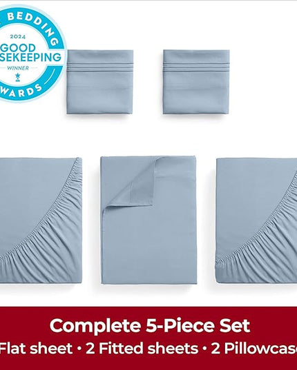 Mellanni Extra Deep Split King Sheets - 5 PC Iconic Collection Bedding Sheets & Pillowcases - Luxury, Ultra Soft, Cooling Bed Sheets - Extra Deep Pocket up to 21 inch (Split King, Blue Hydrangea) - LeafyLoom