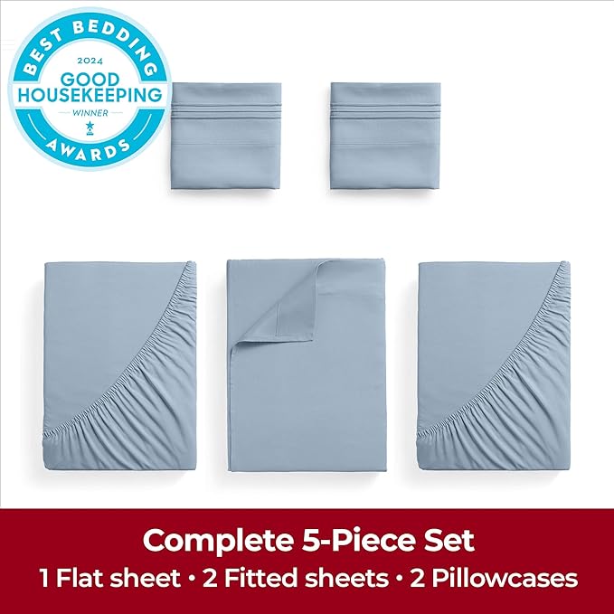Mellanni Extra Deep Split King Sheets - 5 PC Iconic Collection Bedding Sheets & Pillowcases - Luxury, Ultra Soft, Cooling Bed Sheets - Extra Deep Pocket up to 21 inch (Split King, Blue Hydrangea) - LeafyLoom