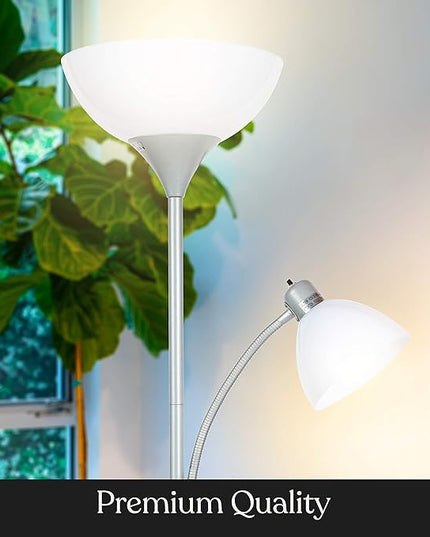 Brightech Sky Dome Plus LED Floor lamp, Torchiere Super Bright Floor Lamp with Reading Lamp for Living Rooms & Offices - Dimmable Tall Standing Lamp for Bedroom Reading - Silver - LeafyLoom