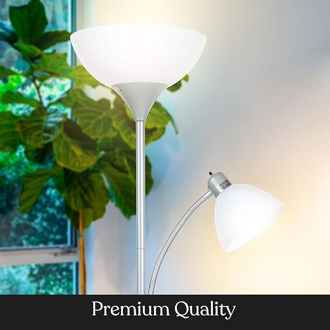 Brightech Sky Dome Plus LED Floor lamp, Torchiere Super Bright Floor Lamp with Reading Lamp for Living Rooms & Offices - Dimmable Tall Standing Lamp for Bedroom Reading - Silver - LeafyLoom