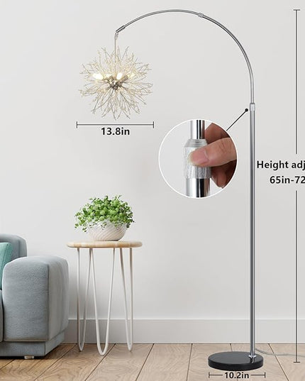 Crystal Arc Floor Lamps for Living Room, Modern Floor Lamp with Marble Base, Adjustable Height Standing Lamp, Mid Century Tall Lamp for Girls Room, Over Couch Arched Reading Light for Bedroom, Office - LeafyLoom