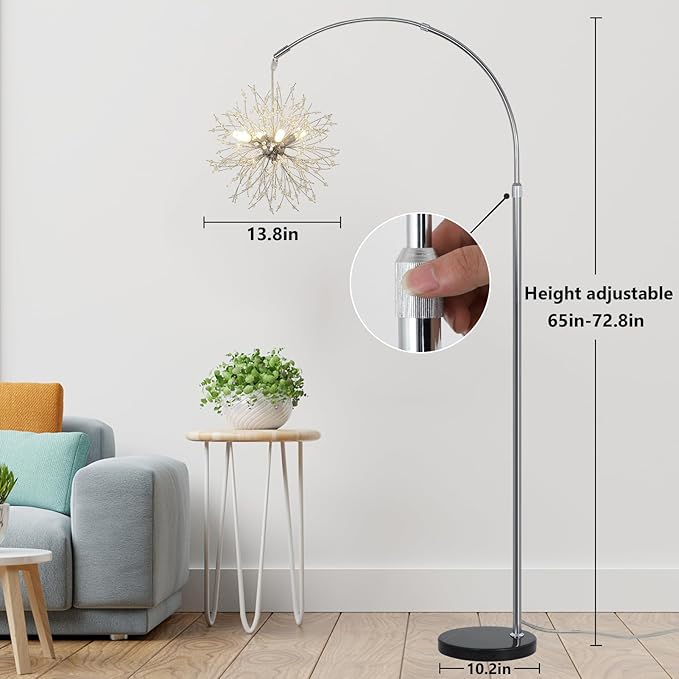 Crystal Arc Floor Lamps for Living Room, Modern Floor Lamp with Marble Base, Adjustable Height Standing Lamp, Mid Century Tall Lamp for Girls Room, Over Couch Arched Reading Light for Bedroom, Office - LeafyLoom
