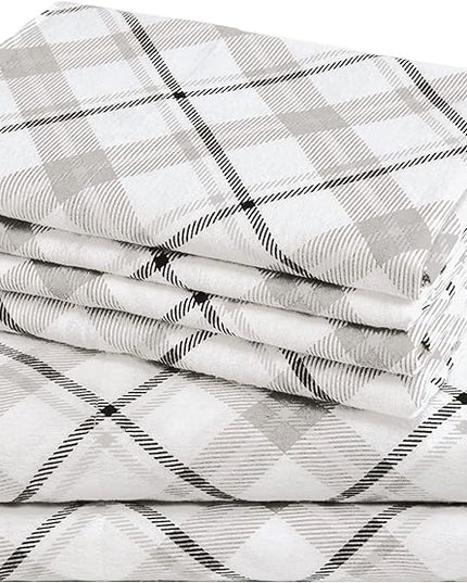 Comfort Spaces Cotton Flannel Breathable Warm Deep Pocket Sheets with Pillow Case Bedding, Cal King, Grey Plaid 4 Piece - LeafyLoom