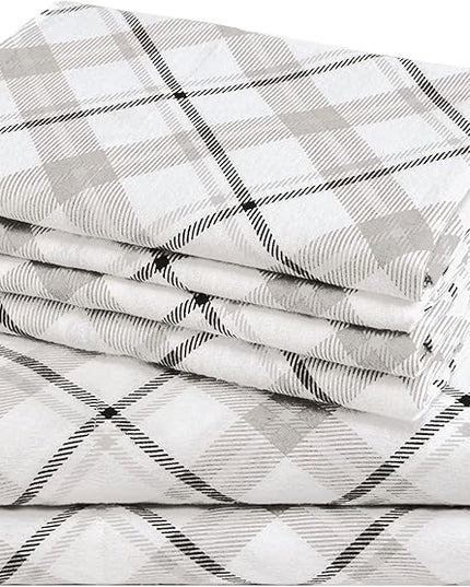 Comfort Spaces Cotton Flannel Breathable Warm Deep Pocket Sheets with Pillow Case Bedding, Queen, Grey Plaid 4 Piece - LeafyLoom