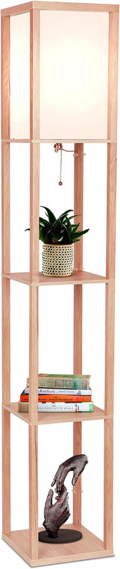Brightech Maxwell - Modern Shelf Floor Lamp with Lamp Shade and LED Bulb - Corner Display Floor Lamps with Shelves for Living Room, Bedroom and Office - Natural Wood - LeafyLoom
