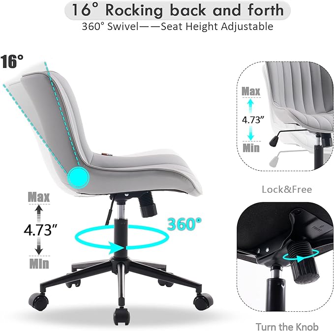 YOUNIKE Armless Office Chair with Wheels Swivel Rolling Computer Chair, Upholstered Leather Desk Chair, Modern Adjustable Rolling Task Chair, Grey - LeafyLoom