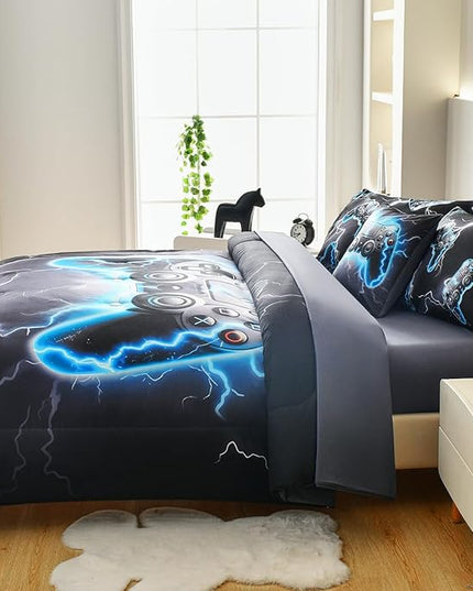 Game Console Full Comforter Set with Sheets, Microfiber 6 Pcs Bed in A Bag Full Size Gamer Bedding Set for Boys Kids Teens - LeafyLoom