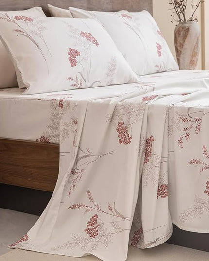 QSH Floral Bed Sheets Queen Size - 100% Egyptian Cotton Sheets Elegant Aesthetic Flower Pattern Printed Bedding Sheets Queen Size Bed Extra Soft and Breathable 4pcs Deep Pockets Bed Sheets - LeafyLoom