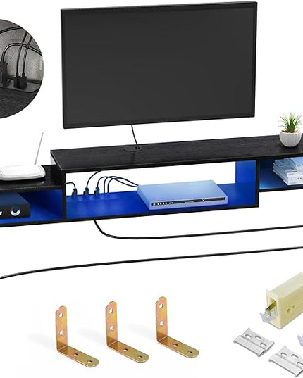 FABATO 71'' Floating TV Stand with LED Light Power Outlet, Floating Shelf for Under TV Wall Mount with Storage Shelf, Media Console Entertainment Center for Living Room, Black - LeafyLoom