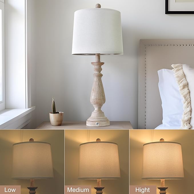 PORTRES 25.75" 3 - Way Dimmable Touch Lamps Set of 2 for Bedroom Rustic Bedside Lamp with USB A+C Charging Ports for Living room Kids Room Study Room (2 Bulbs Included) - LeafyLoom