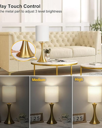 Gold Bedside Lamp Touch Control Table Lamp for Bedroom, 3-Way Dimmable Nightstand Lamp with White Shade, Modern Table Lamp for Living Room, Minimalist Desk Lamp for Dorm, Home, Office, Bulb Included - LeafyLoom