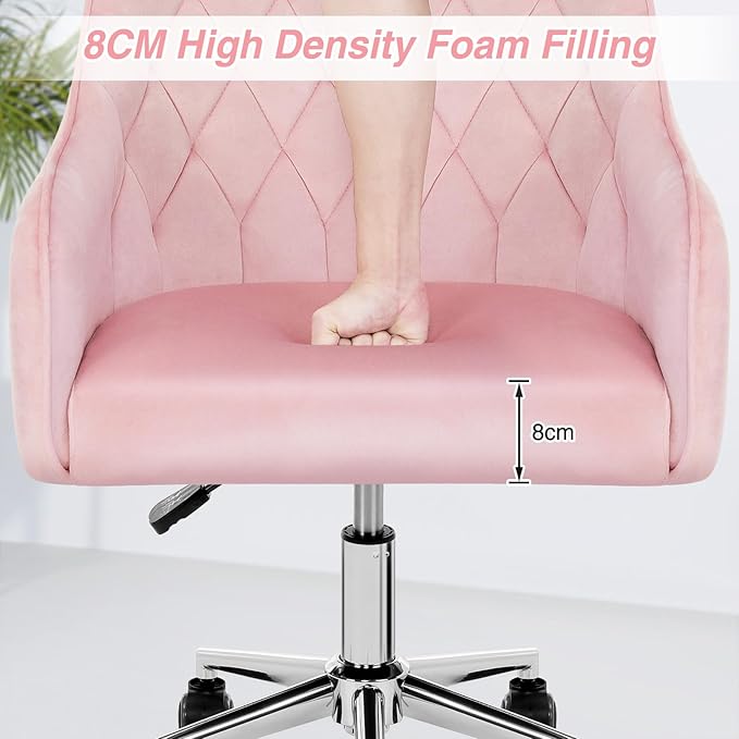 Velvet Desk Chair Vanity Chair for Makeup with Wheels and Back Home Office Chair Adjustable Rolling Swivel Chair for Bedroom Vanity Room Pink - LeafyLoom