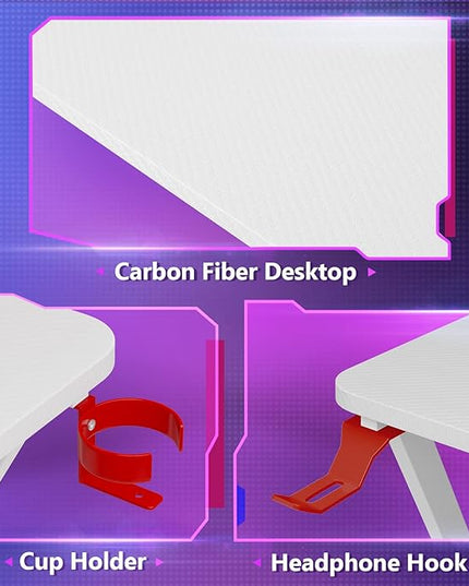 MOTPK White Gaming Desk L Shaped, Gamer Desk Gaming Table with Carbon Fiber Surface, Corner Computer Desk L Shape with Cup Holder & Headphone Hook, 51 Inch - LeafyLoom