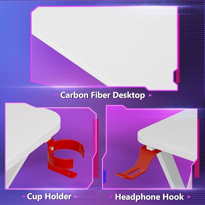 MOTPK White Gaming Desk L Shaped, Gamer Desk Gaming Table with Carbon Fiber Surface, Corner Computer Desk L Shape with Cup Holder & Headphone Hook, 51 Inch - LeafyLoom