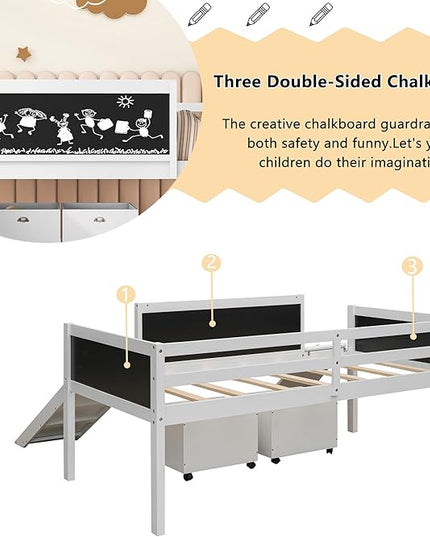 Twin Size Low Loft Bed with Slide and 2 Storage Boxes,Kids Low Loft Bed Frame with Climbing and Chalkboard,Solid Loft Bed Twin for Boys,Girls,White - LeafyLoom