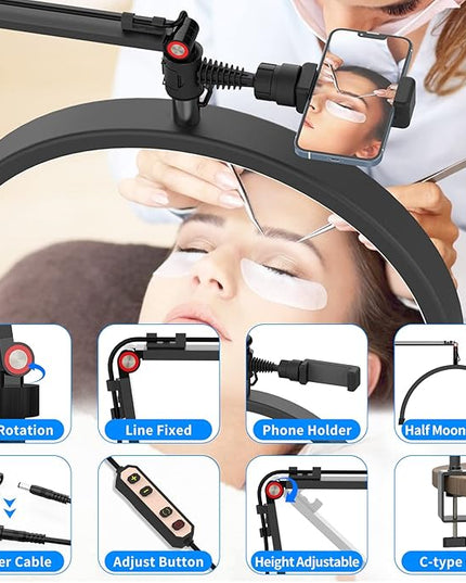 Yofuly Lash Light for Eyelash Extensions, Portable Half Moon Desk Lamp, Esthetician Light for Tattoo Artists, Nail Tech, Eyelash Lamp with Phone Holder | 3000-6000K | 10 Brightness Adjustable - LeafyLoom