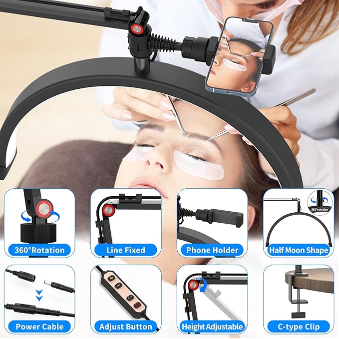 Yofuly Lash Light for Eyelash Extensions, Portable Half Moon Desk Lamp, Esthetician Light for Tattoo Artists, Nail Tech, Eyelash Lamp with Phone Holder | 3000-6000K | 10 Brightness Adjustable - LeafyLoom