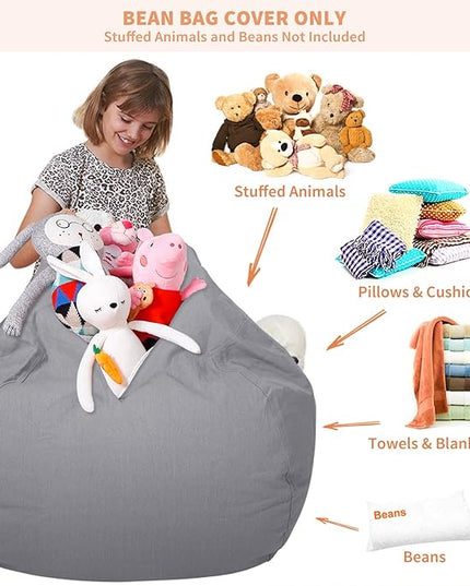 Aubliss Stuffed Animal Storage Bean Bag Chair Cover (No Beans)，Stuff and Sit Storage Bean Bag for Kids Toy Storage，X-Large 48"-Canvas Solid Grey - LeafyLoom