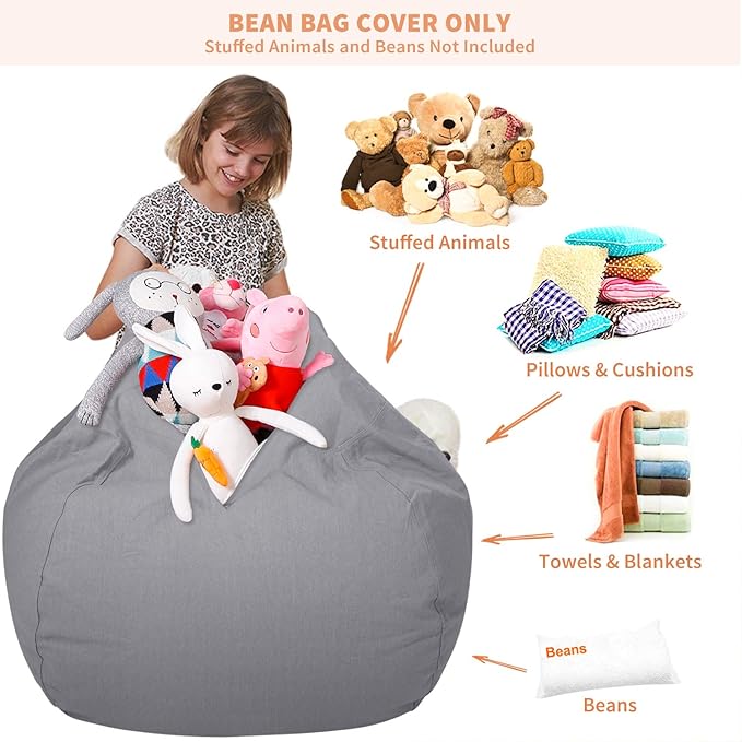 Aubliss Stuffed Animal Storage Bean Bag Chair Cover (No Beans)，Stuff and Sit Storage Bean Bag for Kids Toy Storage，X-Large 48"-Canvas Solid Grey - LeafyLoom