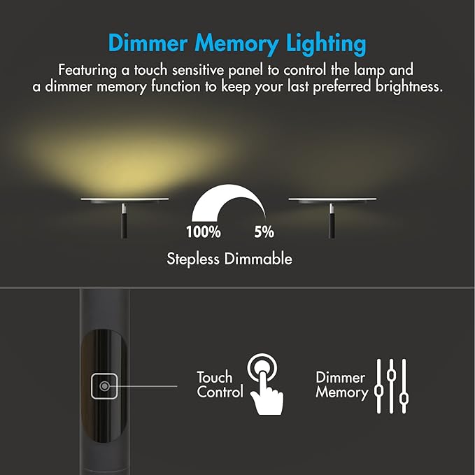 Tenergy Modern Torchiere Floor Lamp, 3000L LED, 30W, Remote Control, Touch Dimmer, 90° Adjustable, Warm White - LeafyLoom