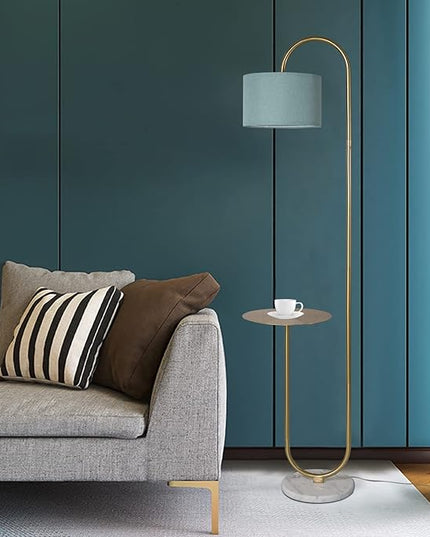Hsyile KU300272 Arc Floor Lamp with Hanging Drum Shade for Living Room-Marble Base Modern Tall Stand Up Light with Table, Contemporary Over The Couch Gold Lamp Standing Lamps for Bedroom Office - LeafyLoom