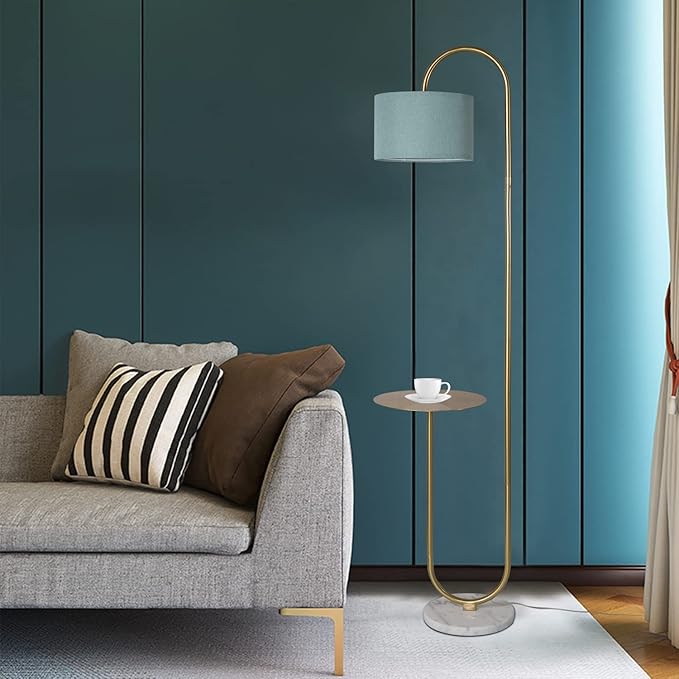 Hsyile KU300272 Arc Floor Lamp with Hanging Drum Shade for Living Room-Marble Base Modern Tall Stand Up Light with Table, Contemporary Over The Couch Gold Lamp Standing Lamps for Bedroom Office - LeafyLoom