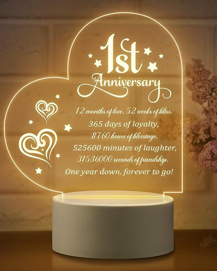 1st Anniversary Romantic Gifts for Him Her, 1 Year Anniversary Valentines Gifts for Boyfriend Girlfriend, One Year Paper Anniversary Night Light Gifts for Wife Husband Couple - LeafyLoom