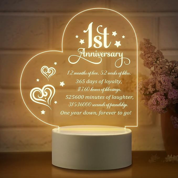 1st Anniversary Romantic Gifts for Him Her, 1 Year Anniversary Valentines Gifts for Boyfriend Girlfriend, One Year Paper Anniversary Night Light Gifts for Wife Husband Couple - LeafyLoom