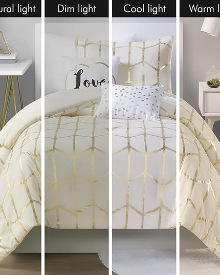 Intelligent Design Raina Twin / Twin XL Comforter Set, Soft Microfiber Comforter Set Twin, Modern Geometric Metallic Bed Set, 4 Pieces College Bedding Comforter Set with 1 Sham, 2 Toss Pillows Ivory - LeafyLoom