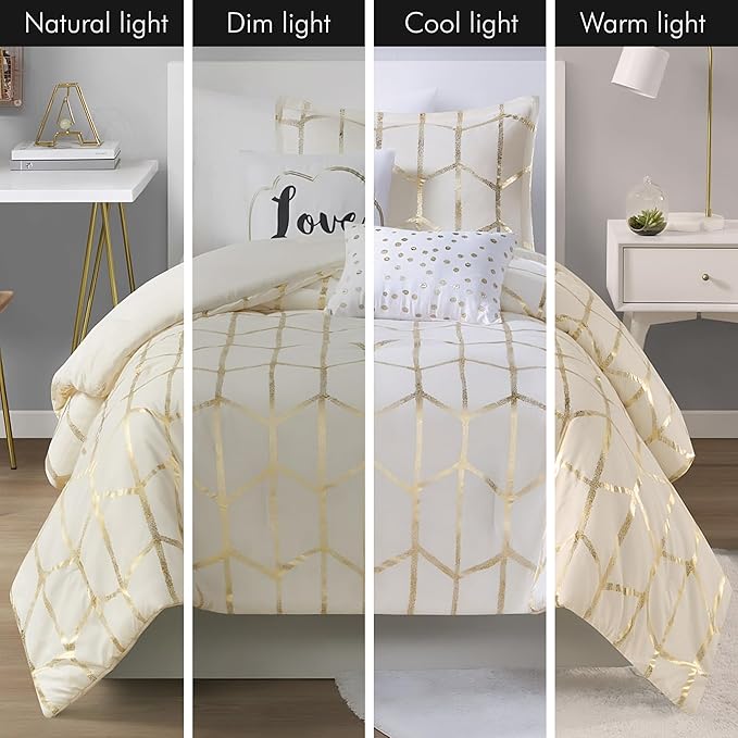 Intelligent Design Raina Twin / Twin XL Comforter Set, Soft Microfiber Comforter Set Twin, Modern Geometric Metallic Bed Set, 4 Pieces College Bedding Comforter Set with 1 Sham, 2 Toss Pillows Ivory - LeafyLoom
