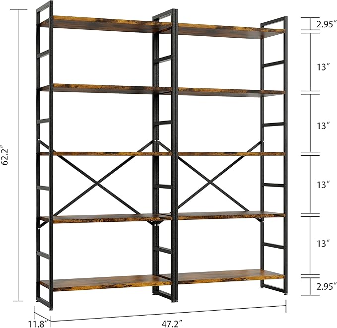 Shintenchi 2 Pieces 5 Tiers Bookshelf, Classically Tall Bookcase Shelf, Industrial Book Rack, Modern Book Holder in Bedroom/Living Room/Home/Office, Storage Rack Shelves for Books/movies-Rustic Brown - LeafyLoom