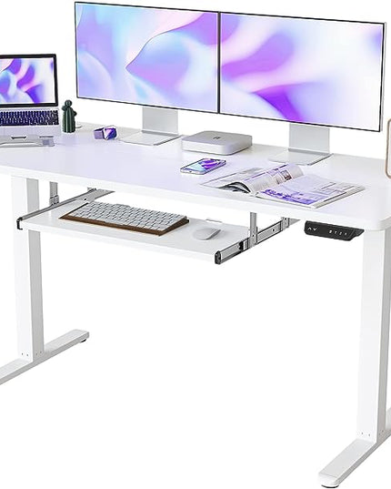 FEZIBO Standing Desk with Keyboard Tray, 55 × 24 Inches Electric Height Adjustable Desk, Sit Stand Up Desk, Computer Office Desk, White - LeafyLoom