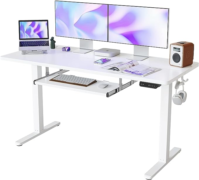 FEZIBO Standing Desk with Keyboard Tray, 55 × 24 Inches Electric Height Adjustable Desk, Sit Stand Up Desk, Computer Office Desk, White - LeafyLoom