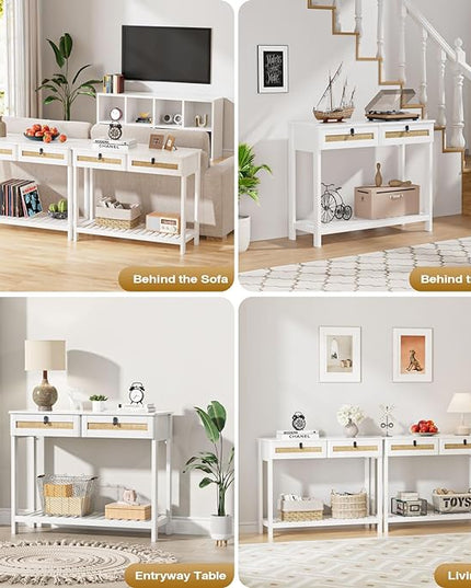 Knowlife Rattan Console Table with Drawers, Entryway Table Sofa Table with Storage Shelf, Narrow Long Behind Couch Table for Entryway, Living Room, Hallway, White - LeafyLoom