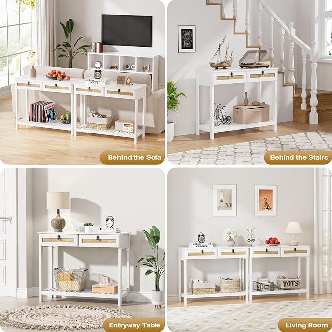 Knowlife Rattan Console Table with Drawers, Entryway Table Sofa Table with Storage Shelf, Narrow Long Behind Couch Table for Entryway, Living Room, Hallway, White - LeafyLoom