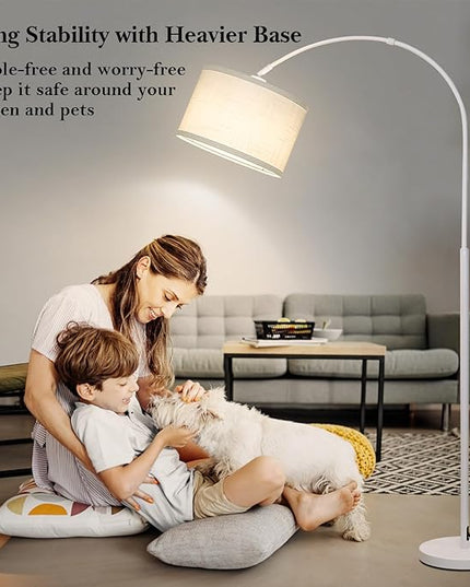 White Arc Floor Lamp, Modern Floor Lamp for Living Room with Adjustable Lamp Head, Tall Pole Standing Lamp with On/Off Pedal Switch, Over Couch Arched Reading Light for Bedroom, Office, Study Room - LeafyLoom