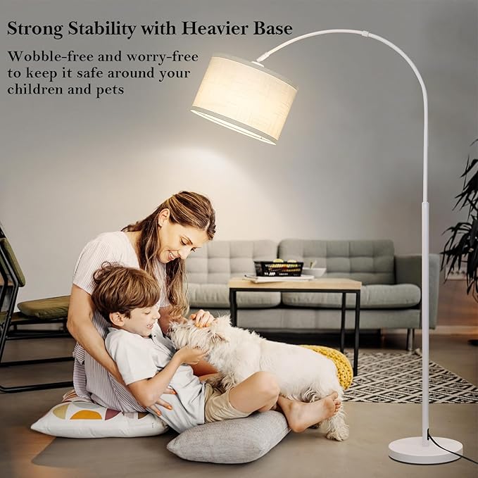 White Arc Floor Lamp, Modern Floor Lamp for Living Room with Adjustable Lamp Head, Tall Pole Standing Lamp with On/Off Pedal Switch, Over Couch Arched Reading Light for Bedroom, Office, Study Room - LeafyLoom