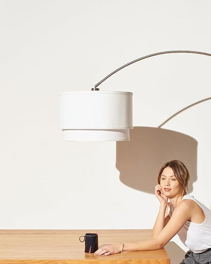 Brightech Mason Arc Floor Lamp - Modern Corner Standing Lamp with Unique Hanging Drum Lamp Shade for Living Room - Bright Overhead, Curved Hanging Light for Bedroom. Library, Den - Nickel - LeafyLoom
