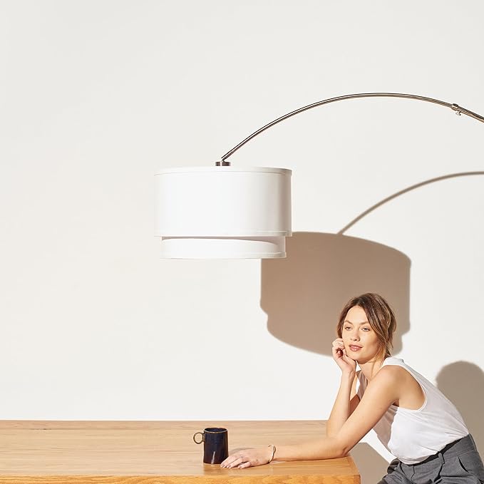 Brightech Mason Arc Floor Lamp - Modern Corner Standing Lamp with Unique Hanging Drum Lamp Shade for Living Room - Bright Overhead, Curved Hanging Light for Bedroom. Library, Den - Nickel - LeafyLoom