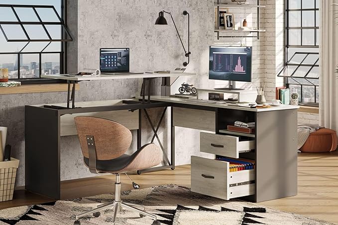 Bestier Lift Top L Shaped Desk with File Drawer, 55'' x 55'' Office Desk with Reversible Storage Drawers, L Shaped Standing Desk with Computer Monitor Stand (Retro Grey Oak Light) - LeafyLoom