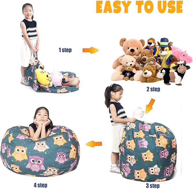 Stuffed Animal Storage Bean Bag Chair Cover, Hold Kids Plush Toys Blankets Towels Beanbag (Cover Only), Canvas Floor Circle Stuff Sit Seat Sofa with YKK Zipper, Extra Large 38", Owl - LeafyLoom