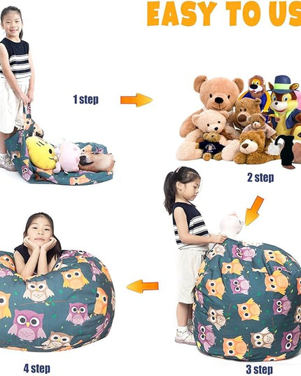 Stuffed Animal Storage Bean Bag Chair Cover, Hold Kids Plush Toys Blankets Towels Beanbag (Cover Only), Canvas Floor Circle Stuff Sit Seat Sofa with YKK Zipper, Large 32", Owl - LeafyLoom