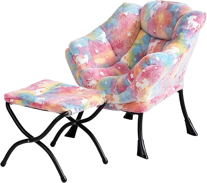 Welnow Toddler Kids Lazy Chair with Ottoman, Glow in The Dark Accent Comfy Lounge Children Armchair Couch with Removable Cover, Detachable Reading Chair with Footrest for Boy or Girl - LeafyLoom