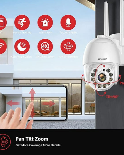 BOAVISION Security Camera Outdoor, Wireless WiFi IP Camera Home Security System 360° View,Motion Detection, auto Tracking,Two Way Talk,HD 1080P pan Tile Full Color Night Vision BOAVISION