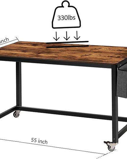 AHB 55" Rolling Computer Desk with 4 Smooth Wheels, Simple Style Mobile Writing Desk Home Office Study Table Movable Workstation with Metal Frame - LeafyLoom