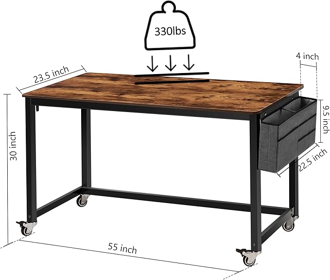 AHB 55" Rolling Computer Desk with 4 Smooth Wheels, Simple Style Mobile Writing Desk Home Office Study Table Movable Workstation with Metal Frame - LeafyLoom