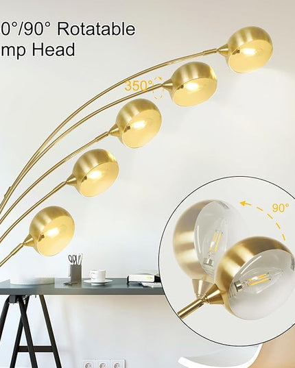 DLLT 5-Light Arc Floor Lamp, 86.6" Gold Floor Lamps for Living Room, Multi-Head LED Standing Tall Lamp with Adjustable Arms, Modern Tree Floor Lamps for Bedroom, Study, Office, E12 Bulbs Included - LeafyLoom
