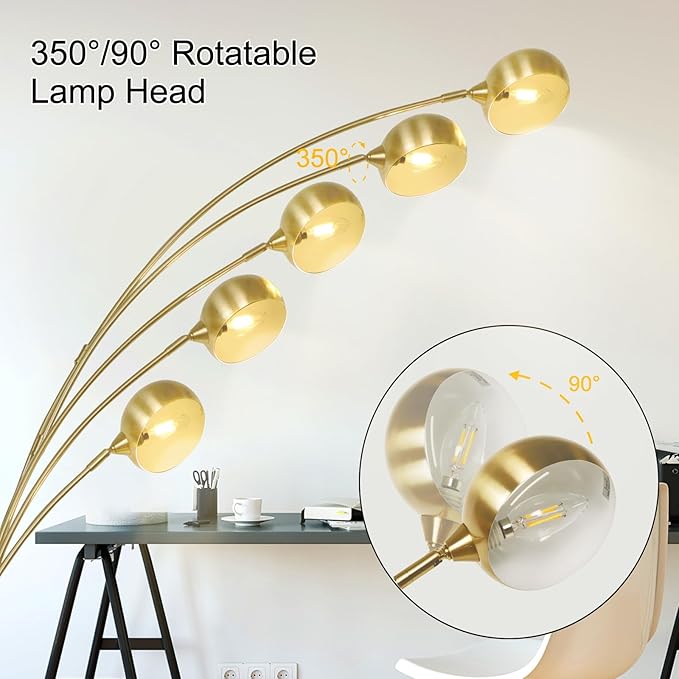 DLLT 5-Light Arc Floor Lamp, 86.6" Gold Floor Lamps for Living Room, Multi-Head LED Standing Tall Lamp with Adjustable Arms, Modern Tree Floor Lamps for Bedroom, Study, Office, E12 Bulbs Included - LeafyLoom