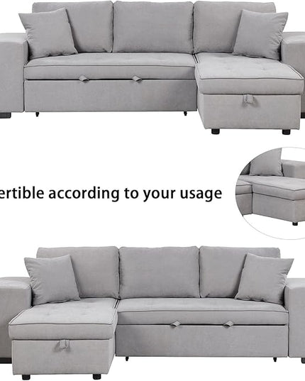 104" L Shape Reversible Sectional Sofa w/Pull Out Bed &Storage Chaise, Linen Upholstered Sleeper Couch with 2 Stools, for Living Room, Bedroom and Small Apartment, 104 Inch, Gray - LeafyLoom